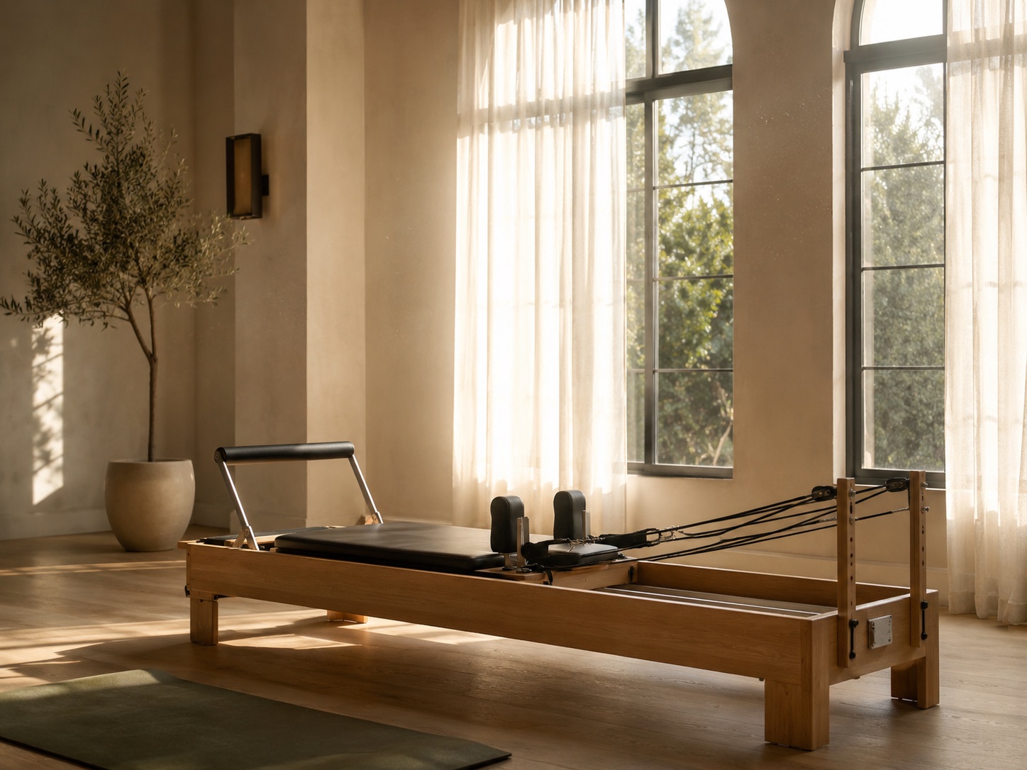 A wooden Pilates reformer in a sunlit studio beside an olive tree